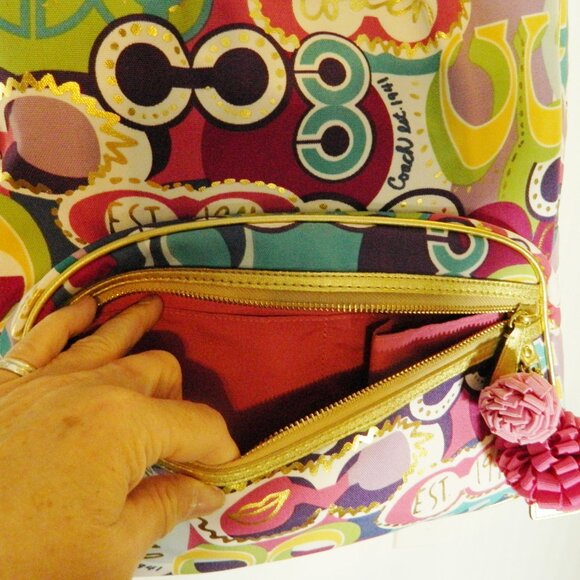 Coach 19432 Poppy Multi Color Graffiti Backpack with Gold Tone Leather Trim EUC! - Picture 7 of 10